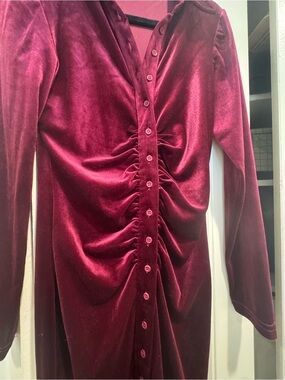 Fashion Nova Burgundy Velvet Ruched Button-Down Top